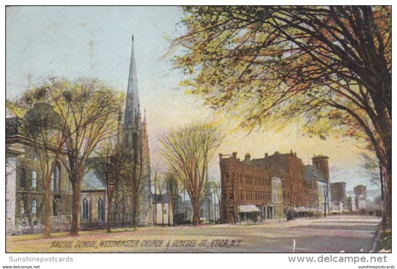 New York Utica Balliol School Westminster Church &amp; Genesee Street 1908 Rotograph - Utica