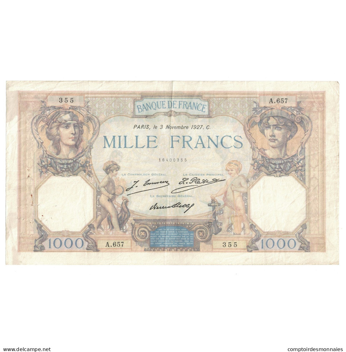 France, 1000 Francs, Cérès Et Mercure, 1927, A.657, TB+, Fayette:37.1, KM:79a - 1 000 F 1927-1940 ''Cérès Et Mercure''