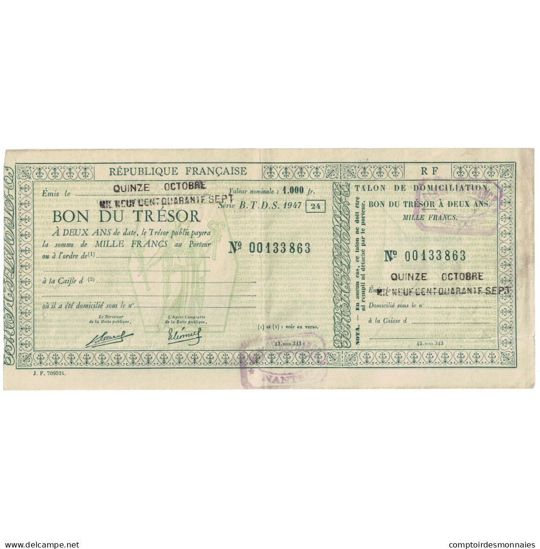 France, 1000 Francs, Nantes, 1947, Bon Du Trésor, SUP - Autres & Non Classés