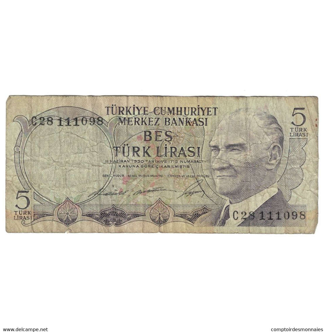 Billet, Turquie, 5 Lira, 1968, 1968-01-08, KM:179, B+ - Turchia