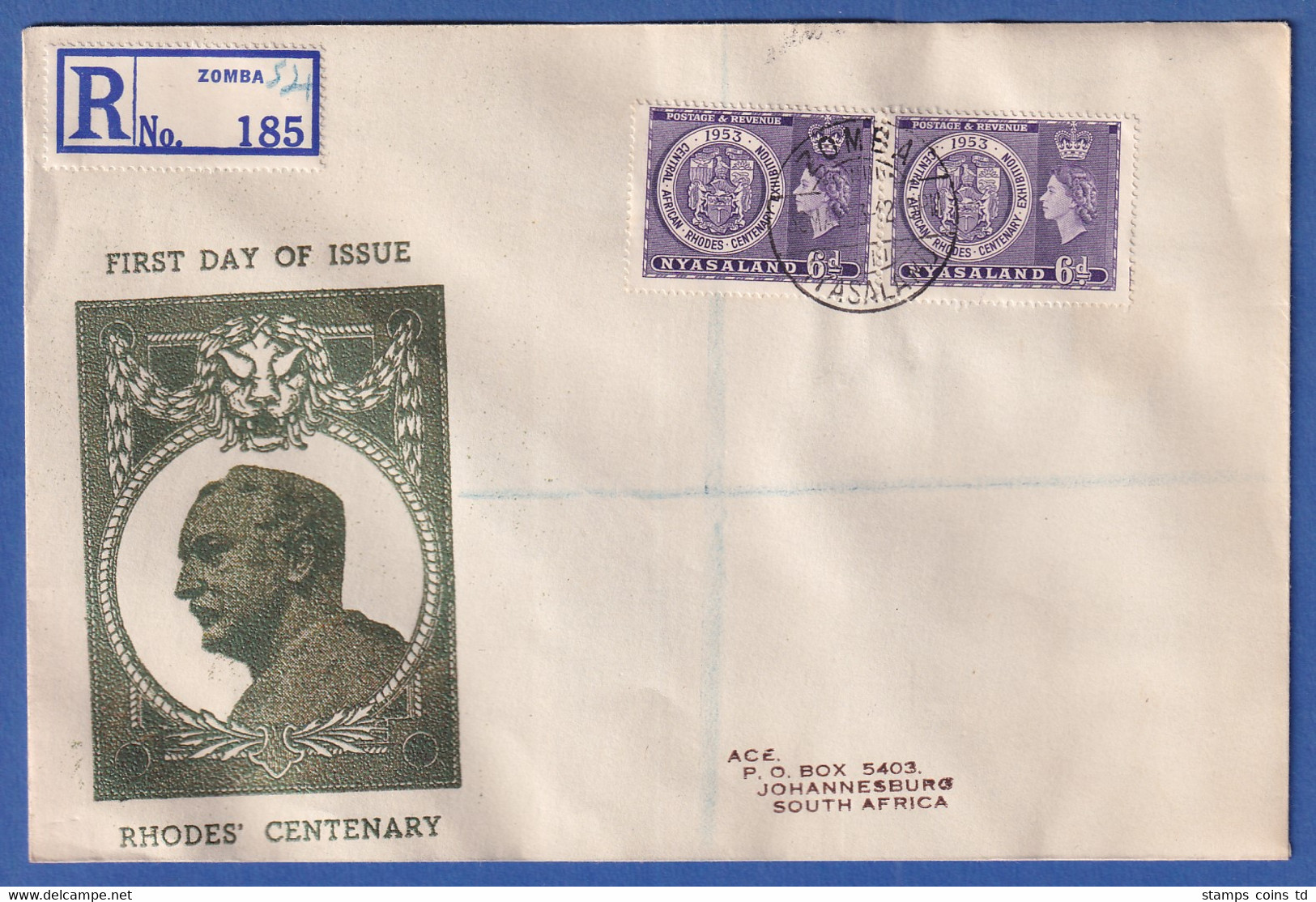 Nyassaland (Malawi) 1953 Cecil Rhodes Mi.-Nr. 97 Paar Auf R-FDC O ZOMBA - Malawi (1964-...)