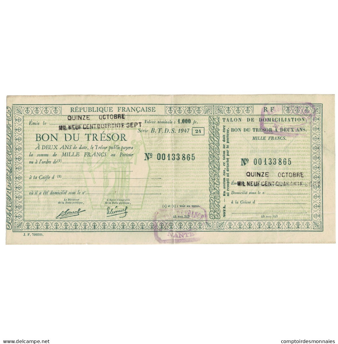 France, 1000 Francs, Nantes, 1947, Bon Du Trésor, SUP - Autres & Non Classés