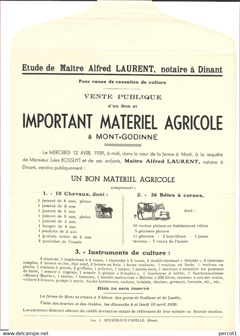 JM07.04 / LETTRE - ANNONCE NOTARIALE / VENTE MATERIEL AGRICOLE / YVOIR - MONT-GODINNE - AVRIL 1939 - Material Und Zubehör