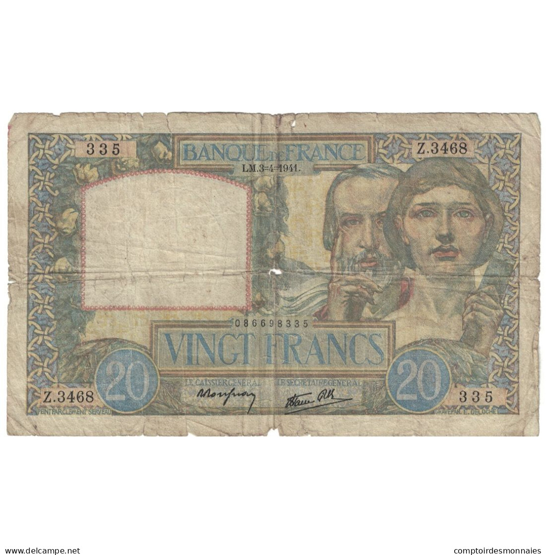 France, 20 Francs, Science Et Travail, 1941, Z.346, B+, Fayette:12.13, KM:92b - 20 F 1939-1942 ''Science Et Travail''