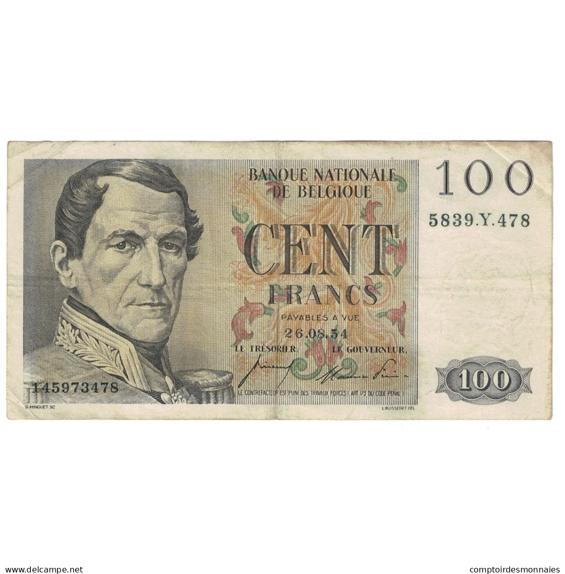 Billet, Belgique, 100 Francs, 1954, 1954-04-23, KM:129b, TTB - 100 Francs
