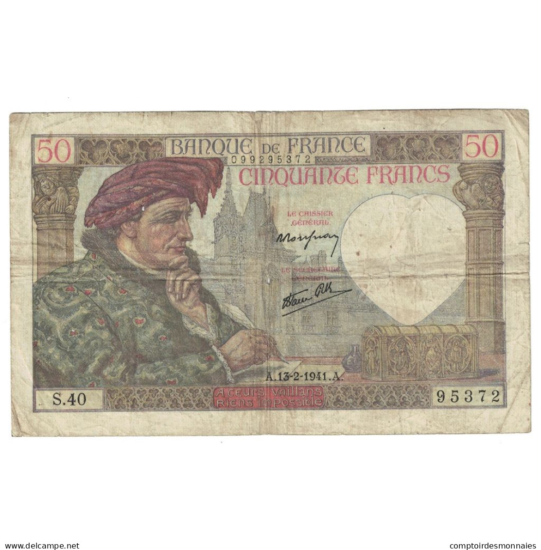France, 50 Francs, Jacques Coeur, 1941, S.40, B+, Fayette:19.6, KM:93 - 50 F 1940-1942 ''Jacques Coeur''