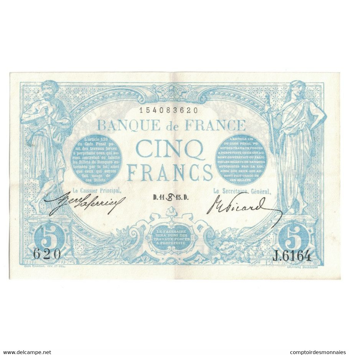 France, 5 Francs, Bleu, 1915, J.616, SUP, Fayette:2.28, KM:70 - 5 F 1912-1917 ''Bleu''