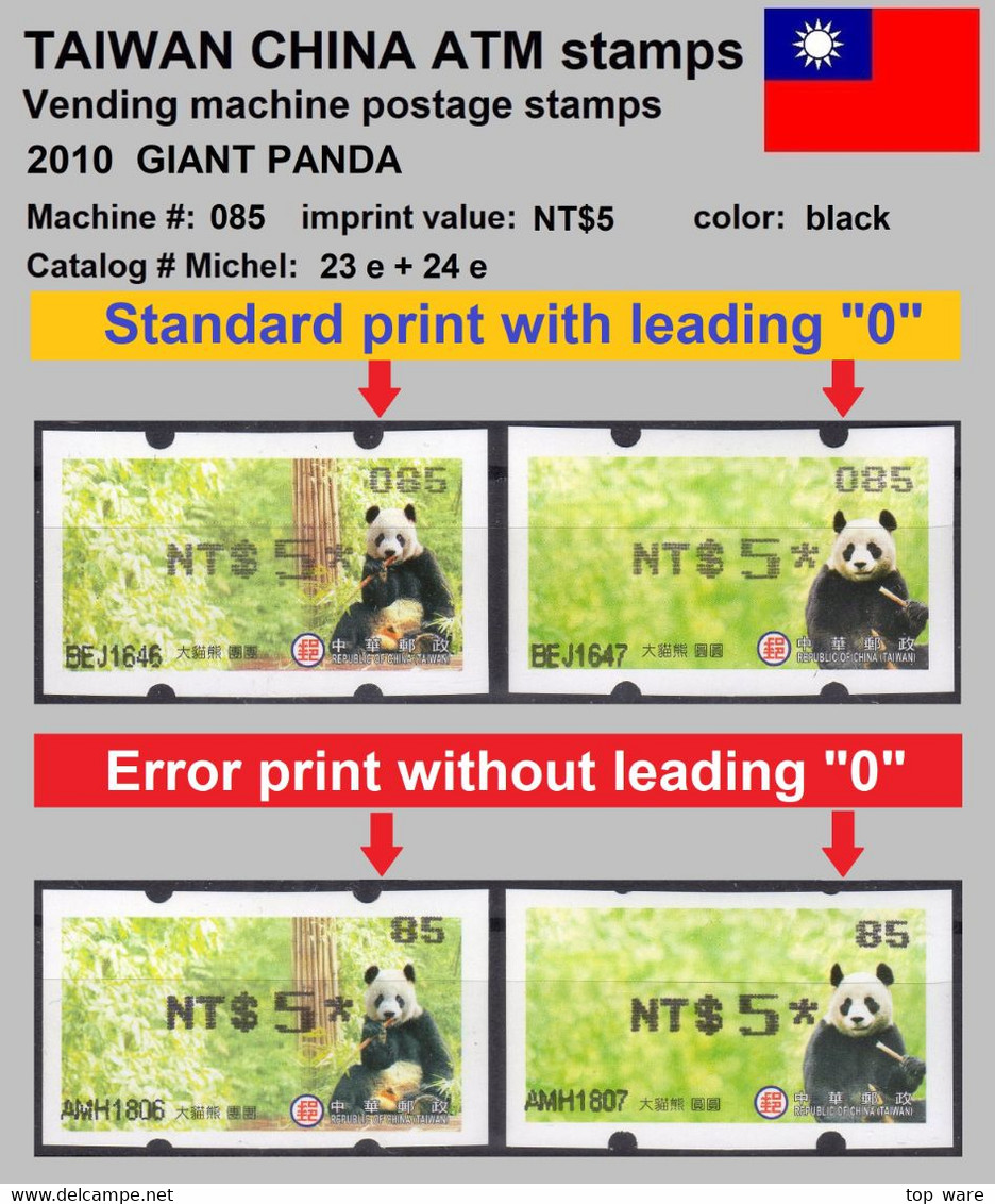 2010 Automatenmarken China Taiwan Panda Bear MiNr.23 + 24 Black Nr.085 Two Pairs With / Without Leading "0" ATM NT$5 - Automatenmarken