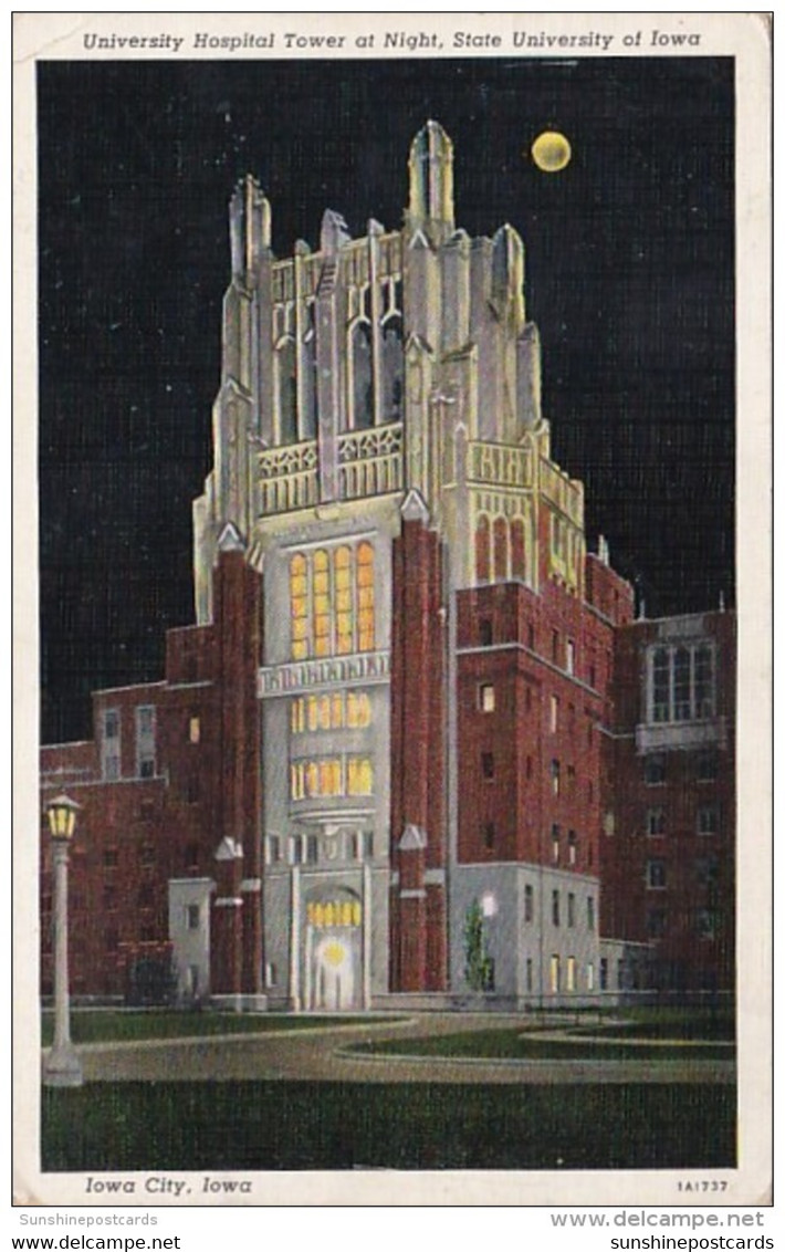 Iowa Iowa City University Hospital Tower At Night University Of Iowa 1940 Curteich - Iowa City
