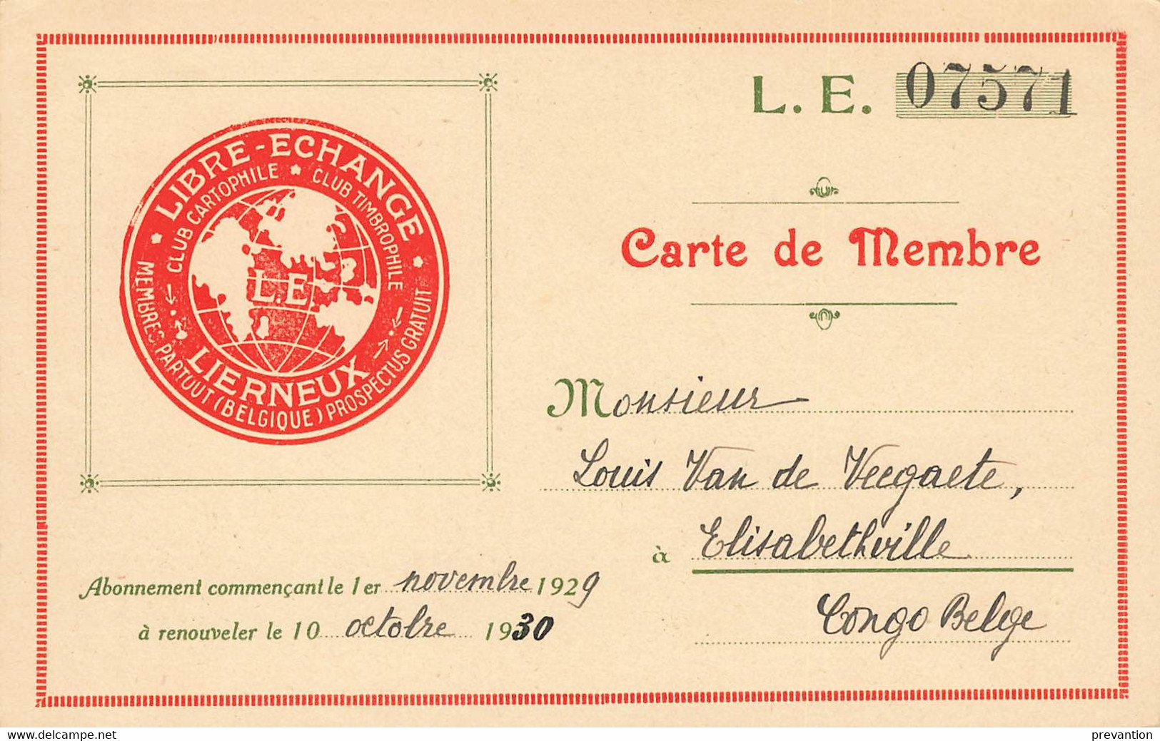 LIERNEUX - La Lienne - Au Dos "Carte De Membre" Envoyée Le 01-11-29 à Louis Van De Veegaete, Elisabethville Congo-Belge - Blegny