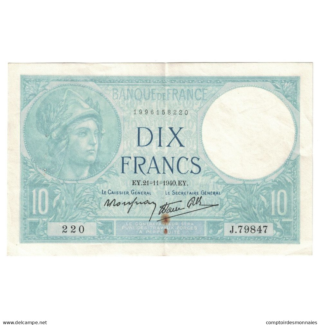 France, 10 Francs, Minerve, 1940, J.798, SUP, Fayette:7.21, KM:84 - 10 F 1916-1942 ''Minerve''