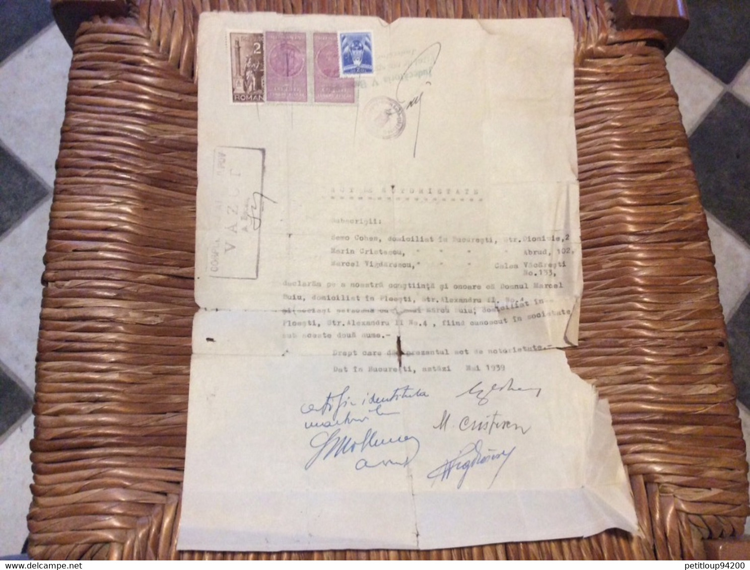 (5) ROUMANIE *4 TIMBRES FISCAL JUDICIAIRE AVIATION SUR DOCUMENT  Acte De Notoriété 7 LEI  2 LEI  Revenue Stamps 1939 - Fiscale Zegels