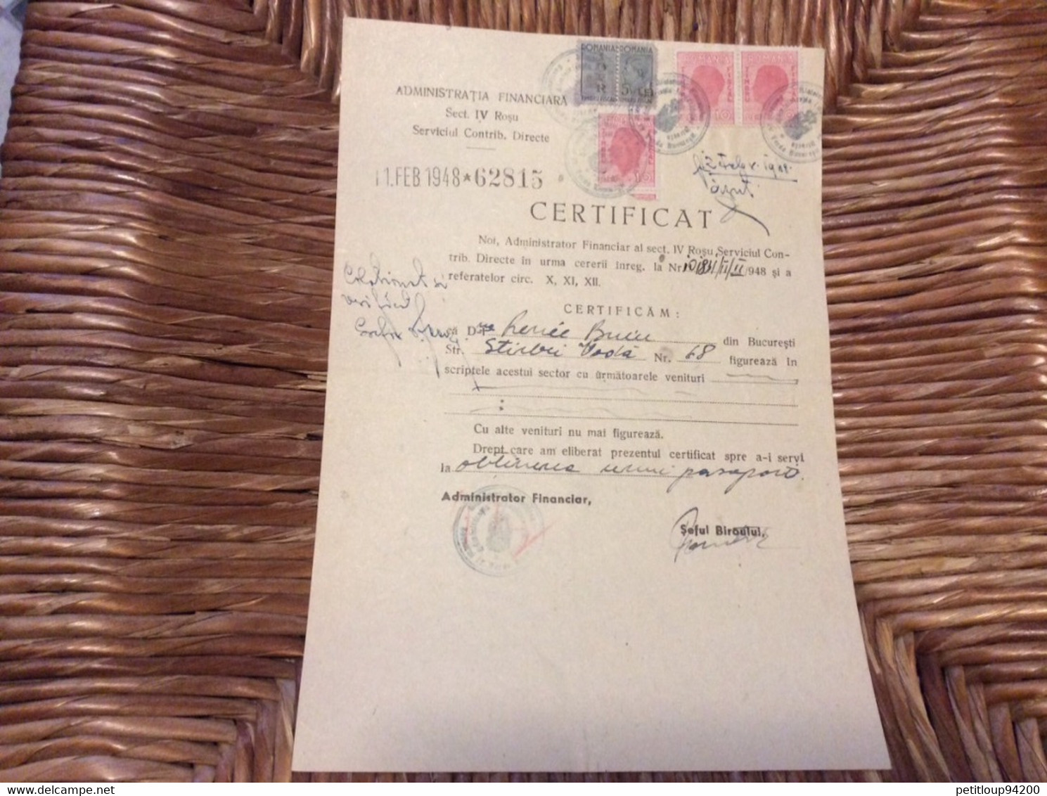 (6) ROUMANIE *4 TIMBRES FISCAUX SUR DOCUMENT Administration Financière 10 LEI  5 LEI  Revenue Stamps 1948 - Fiscaux