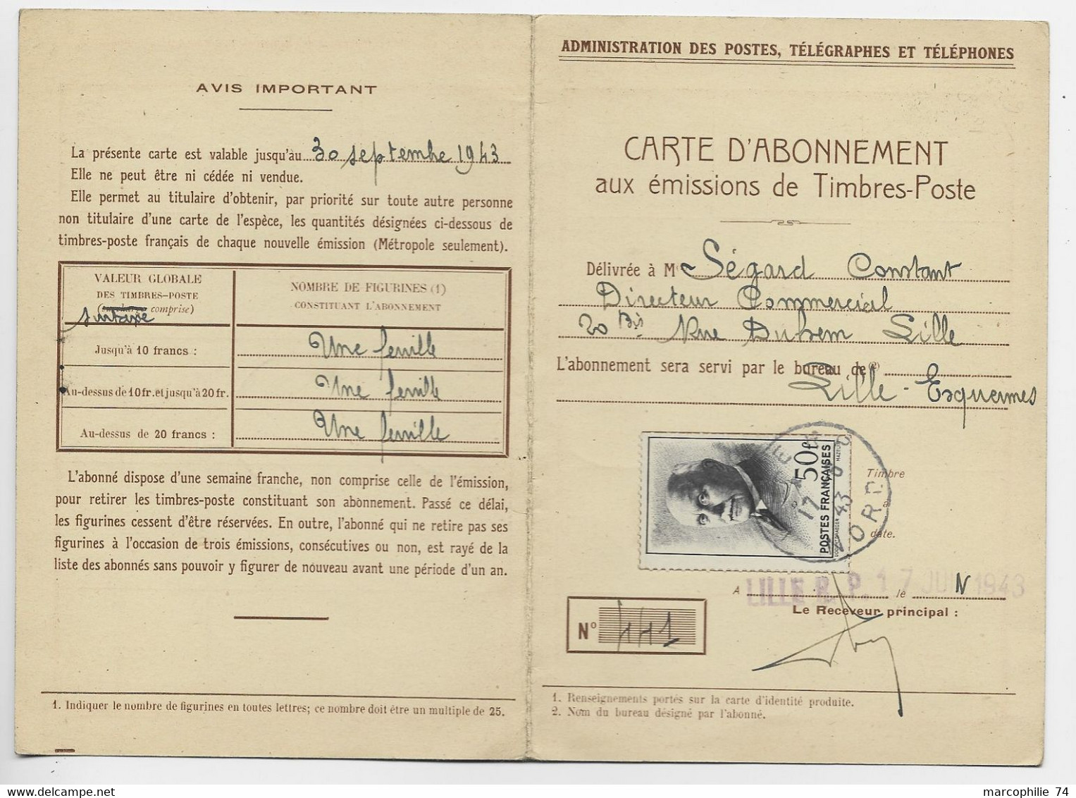 FRANCE PETAIN 50FR SEUL CARTE ABONNEMENT LILLE RP 17.8.1943 NORD AU TARIF - 1941-42 Pétain