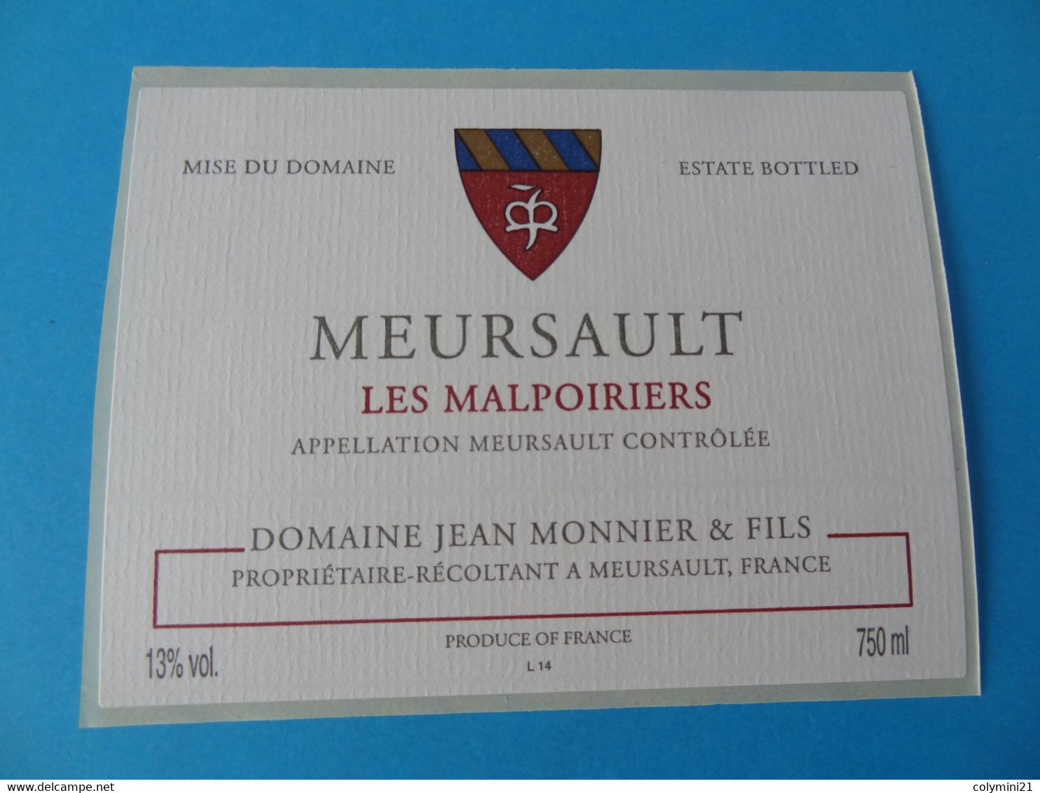 Etiquette De Vin Meursault Les Malpoiriers Domaine Jean Monnier & Fils - Bourgogne