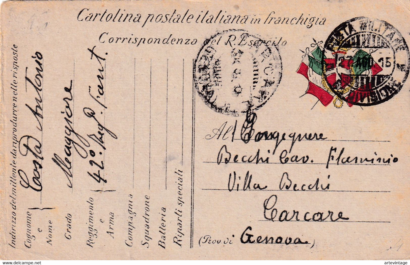 Cartolina Postale In Franchigia - Maggiore - 42° Reggimento Fanteria - War 1914-18