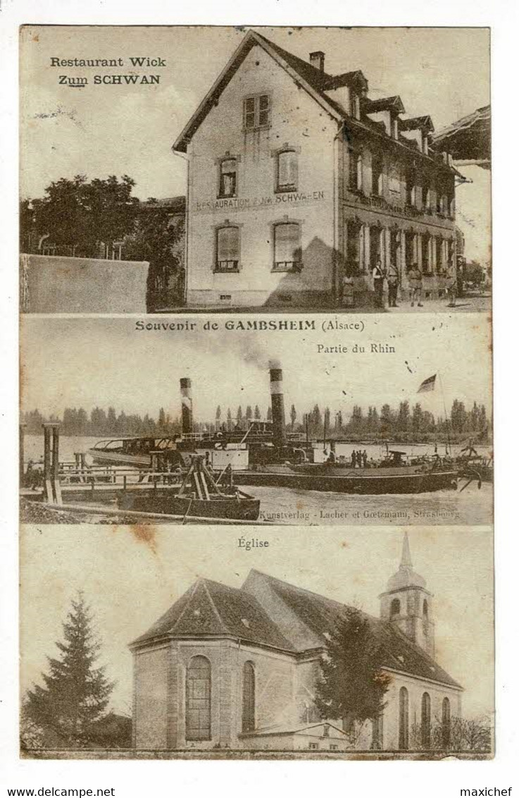 Souvenir De Gambsheim, Multivues, 3 Vues (Restaurant Wick, Vapeur Sur Le Rhin, Eglise) Circ 1921, Cachet Kaltenhouse - Gambsheim