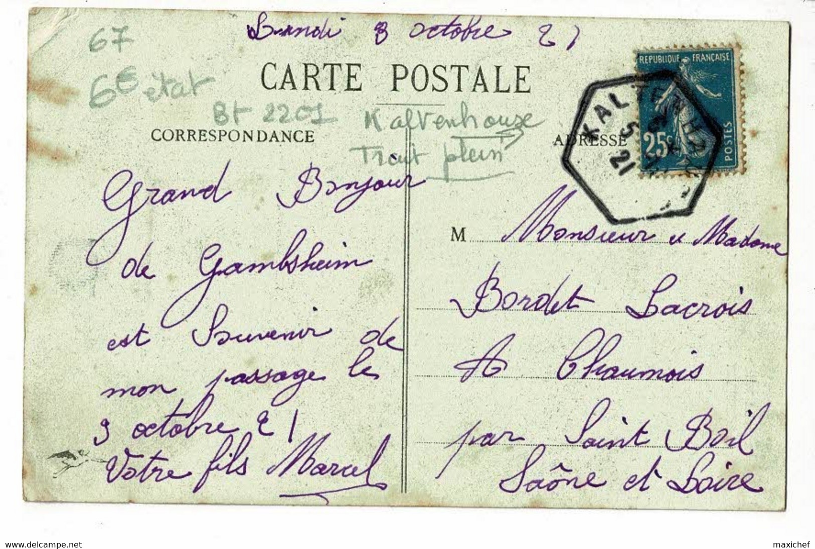 Souvenir De Gambsheim, Multivues, 3 Vues (Restaurant Wick, Vapeur Sur Le Rhin, Eglise) Circ 1921, Cachet Kaltenhouse - Gambsheim