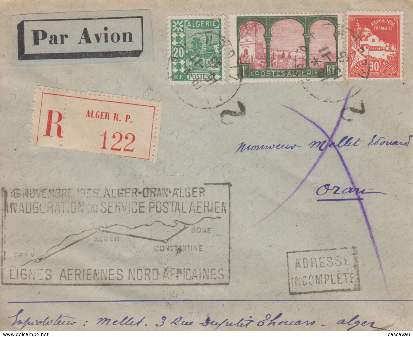 Enveloppe  Recommandée  ALGERIE   Inauguration   Service  Postal   Aérien    ALGER - ORAN - ALGER   1935 - Luftpost