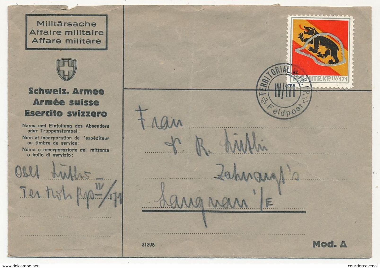 SUISSE -Timbre Pour Soldats (Ours/Casque) Sur 1 CP Et 1 Enveloppe - Cachet Territorial Mitr. KP IV/171 - Documenti