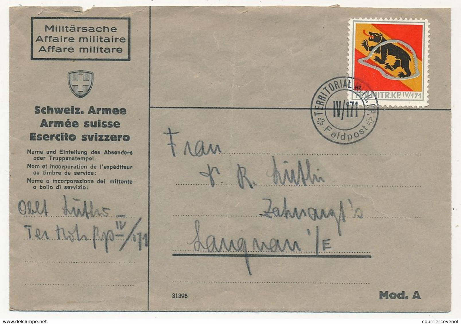 SUISSE -Timbre Pour Soldats (Ours/Casque) Sur 1 CP Et 1 Enveloppe - Cachet Territorial Mitr. KP IV/171 - Dokumente