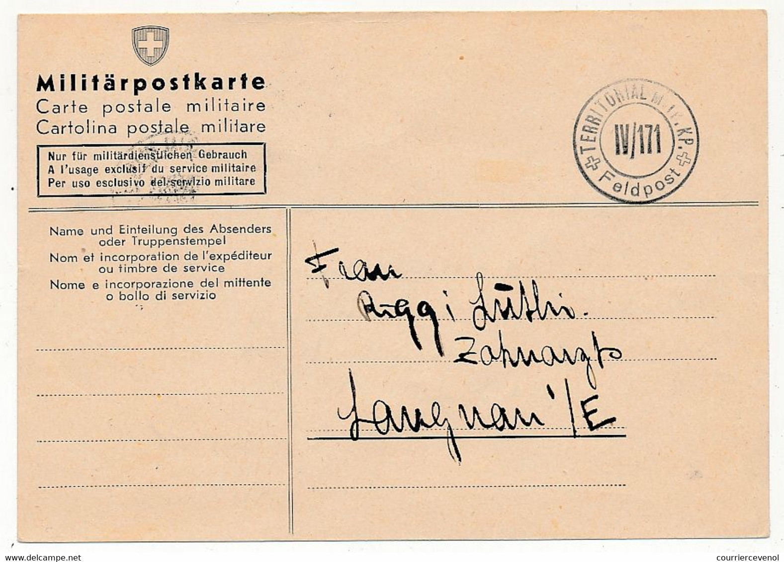 SUISSE -Timbre Pour Soldats (Ours/Casque) Sur 1 CP Et 1 Enveloppe - Cachet Territorial Mitr. KP IV/171 - Dokumente