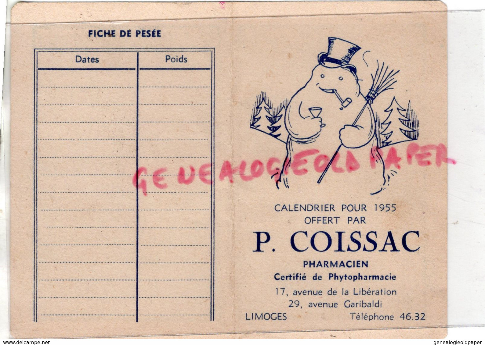 87- LIMOGES- CALENDRIER P. COISSAC 1955-NEIGE- PHARMACIE PHARMACIEN PHYTOPHARMACIE-17 AVENUE LIBERATION-GARIBALDI - Tamaño Pequeño : 1941-60