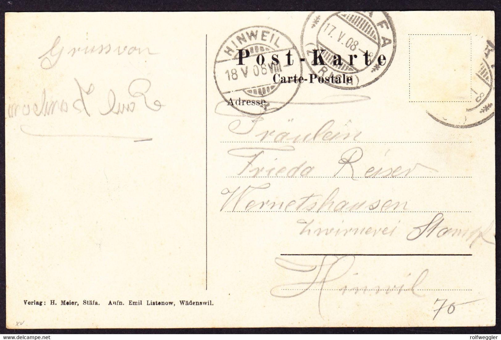 1908 Gelaufene AK (Marke Fehlt) Bahnhof Und Post In Stäfa Mit Eisenbahn. - Stäfa