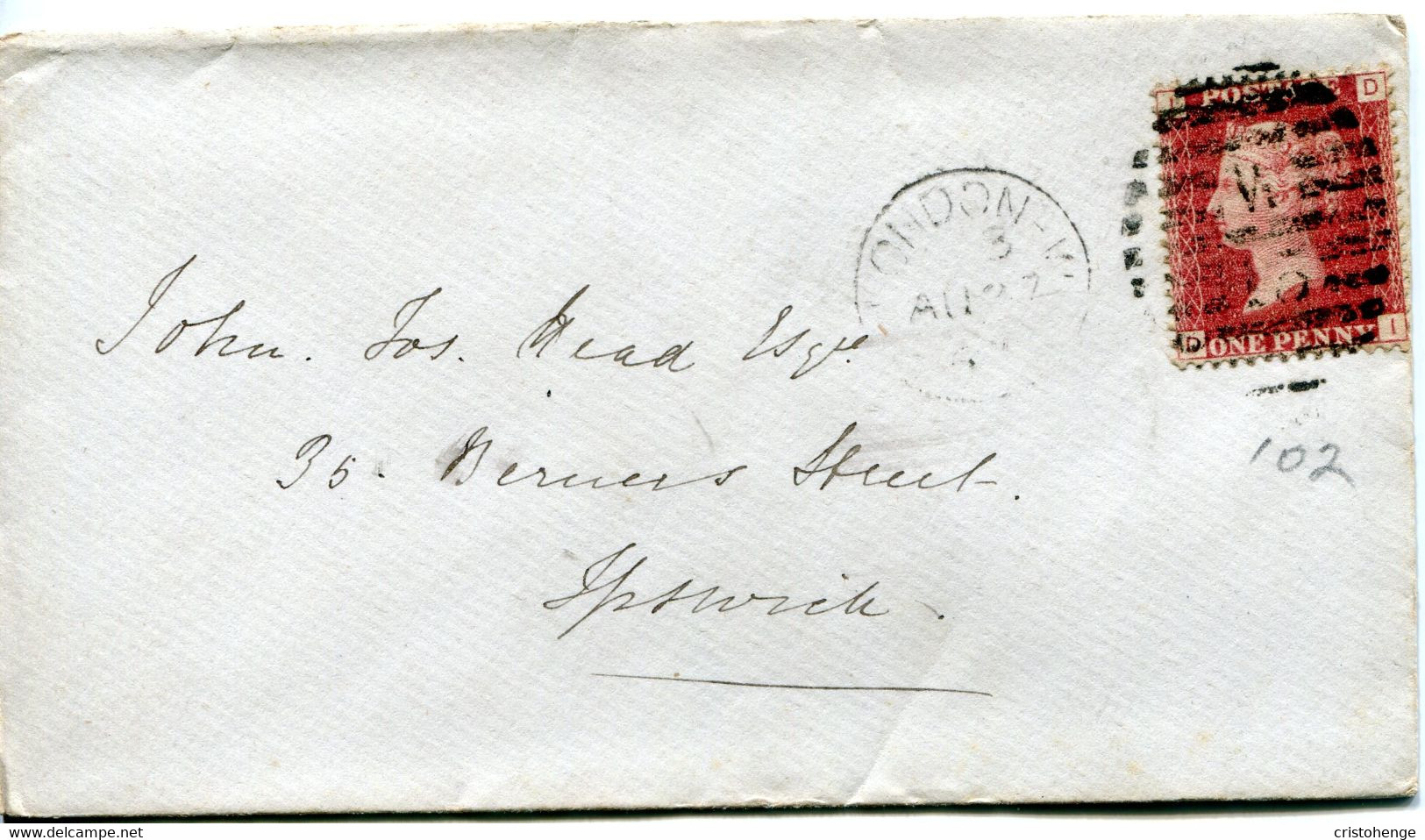 Great Britain - England 1867 Cover London To Ipswich - 1d Red - Plate 102 - Covers & Documents