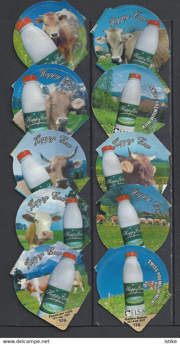 Switzerland, Coffee Cream Labels, "Happy Cow" Milk Ad, Lot Of  37. - Milk Tops (Milk Lids)