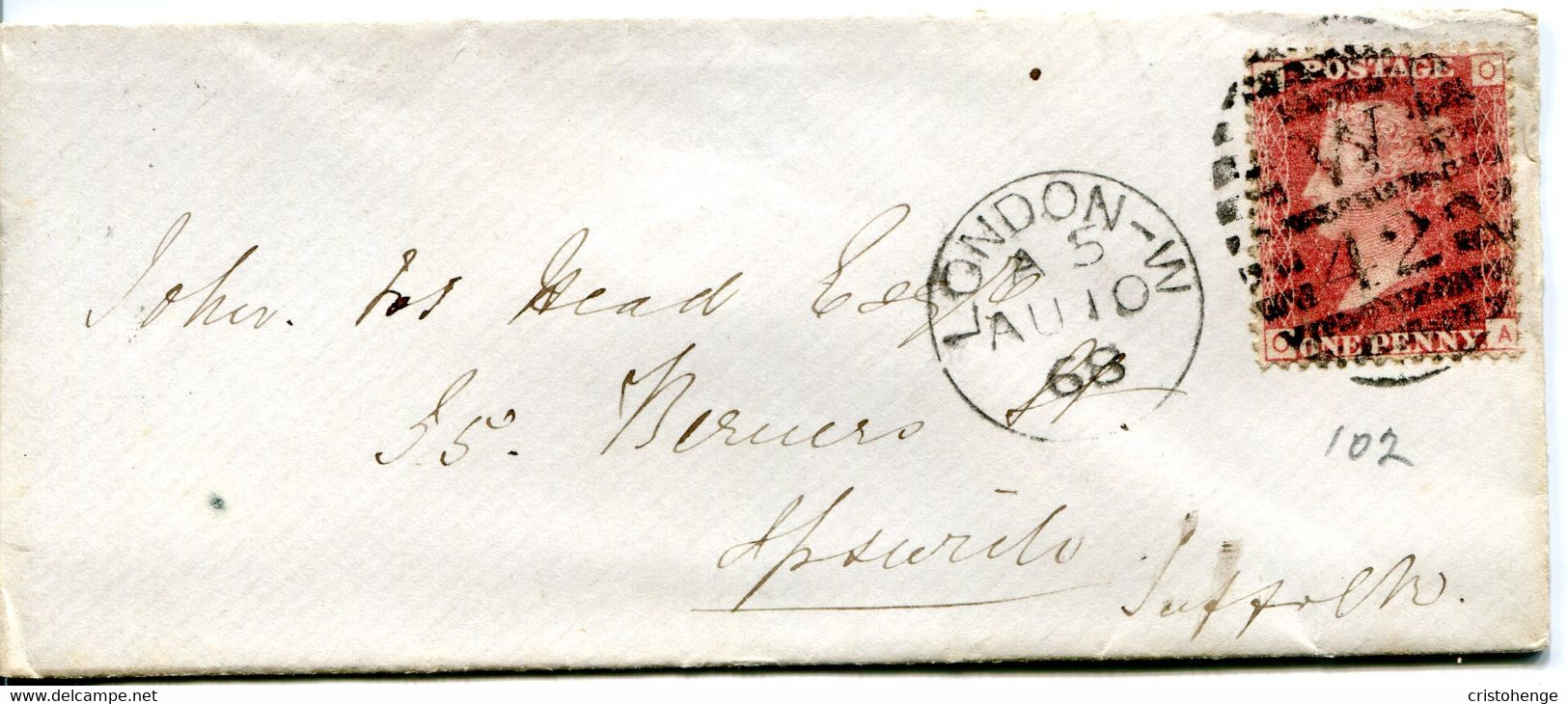 Great Britain - England 1868 Cover London To Ipswich - 1d Red - Plate 102 - Lettres & Documents