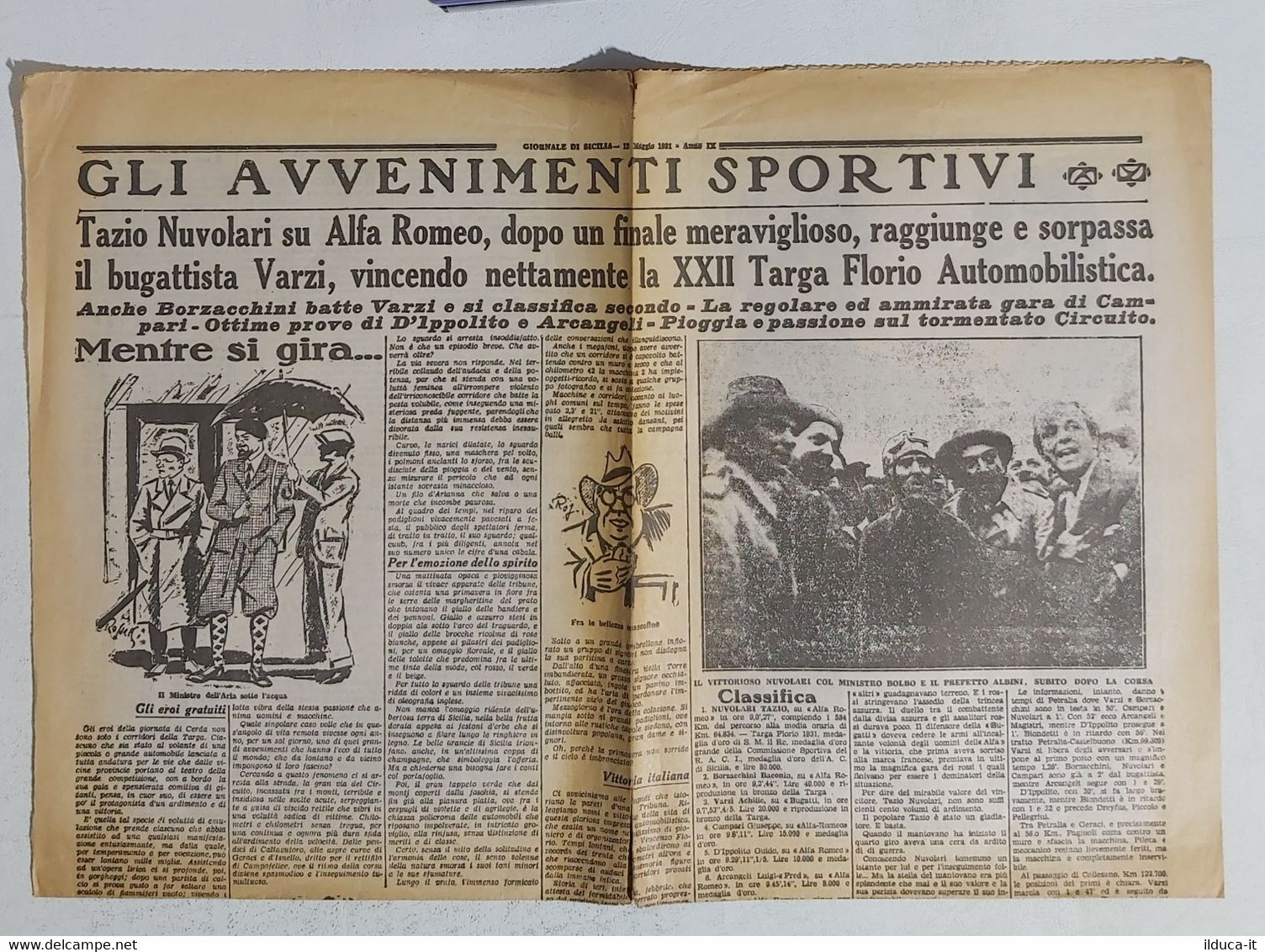 14209 Giornale Di Sicilia 12/05/1931 - Nuvolari Vincitore XXII Targa Florio - Other & Unclassified
