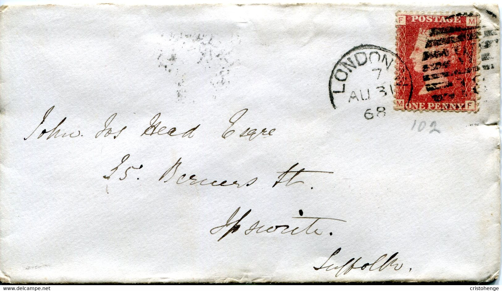 Great Britain - England 1868 Cover London To Ipswich - 1d Red - Plate 102 - Covers & Documents