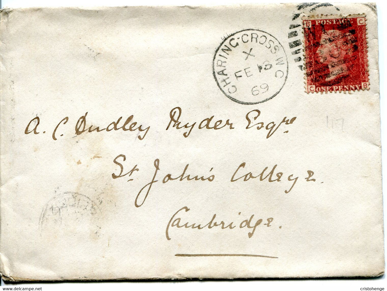 Great Britain - England 1869 Cover Charing Cross To Cambridge - 1d Red - Plate 117 - Lettres & Documents