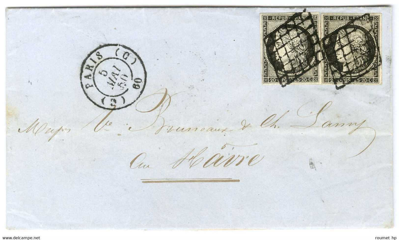 Grille / N° 3 Noir Sur Blanc (2) Càd (C) PARIS (C) 60 Sur Lettre 2 Ports Pour Le Havre. 1850. - TB / SUP. - 1849-1850 Ceres