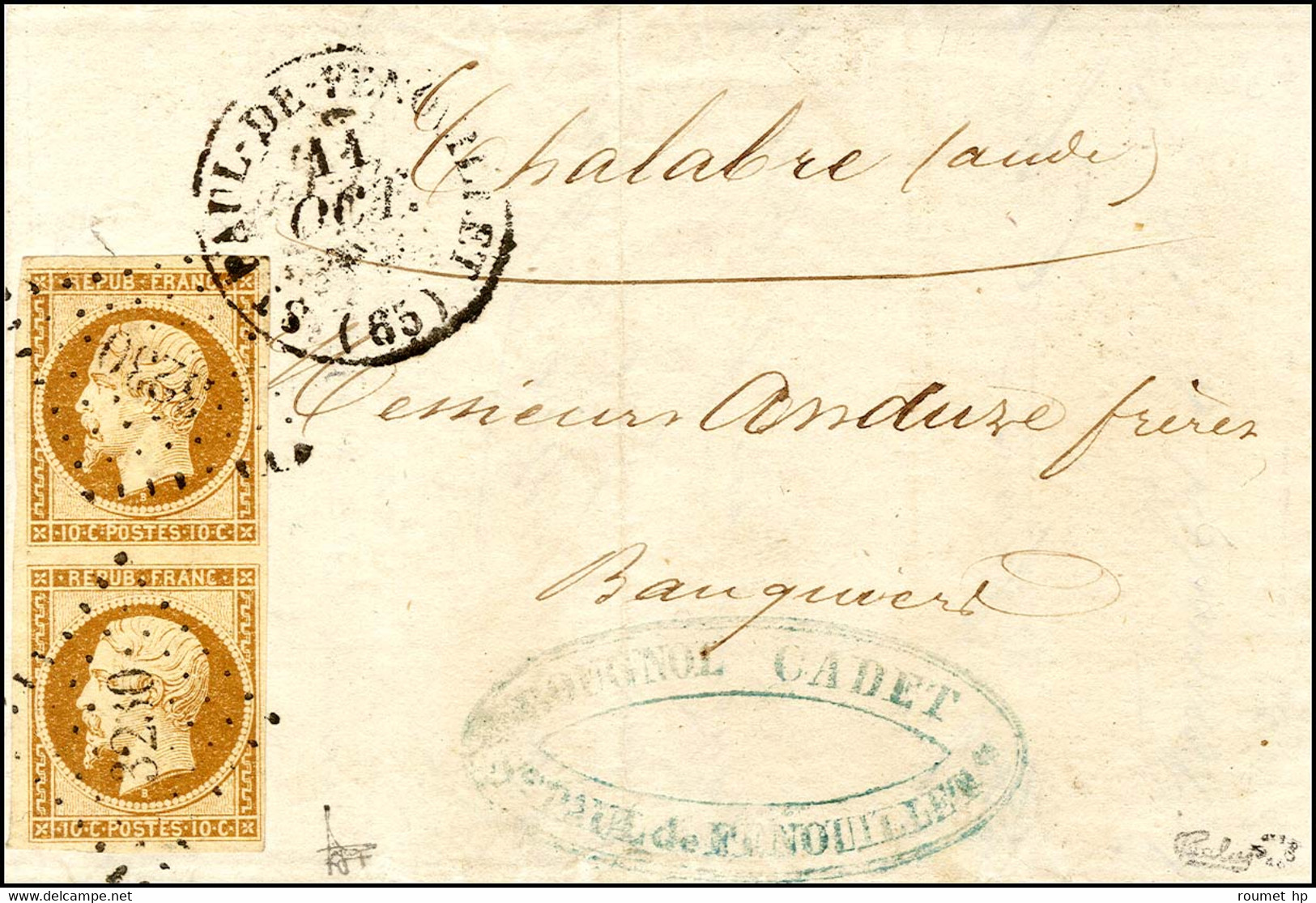 PC 3230 / N° 9 Paire Verticale Càd T 14 ST PAUL-DE-FENOUILLET (65) 11 OCT. 54 (tarif Du 1 Juillet 1854) Sur Lettre Pour  - 1852 Louis-Napoléon