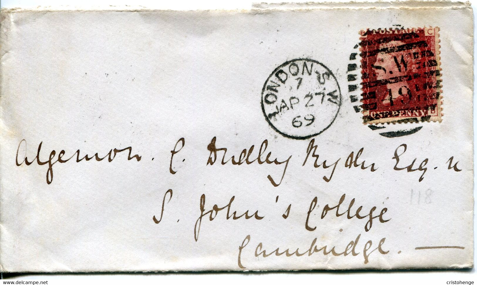 Great Britain - England 1869 Cover London To Cambridge - 1d Red - Plate 118 - Cartas & Documentos