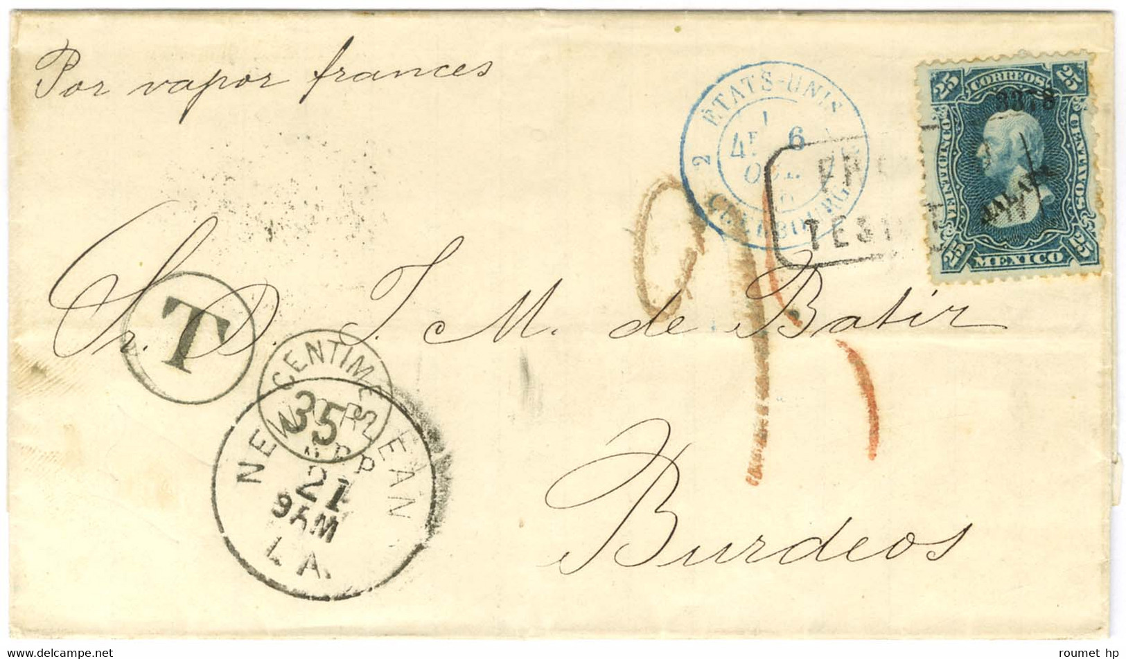 Cachet TESINTLAN / Mexique 25c Surchargé Sur Lettre Pour Bordeaux Par La Voie Des Etats Unis. Au Recto, Cachet NEW ORLEA - Tarifas Postales