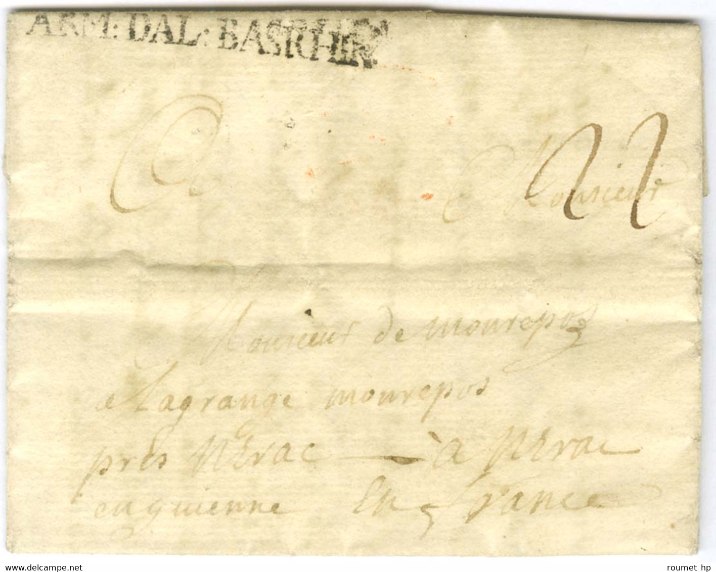 Lettre Avec Texte Daté Du 12 Octobre 1759 Pour Nérac. Au Recto, ARM: D'AL: BASRHIN (Lenain 7A6). - TB. - RR. - Army Postmarks (before 1900)