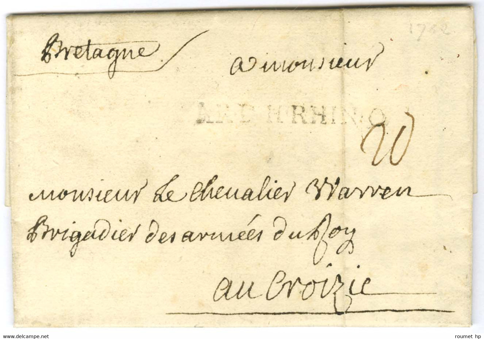 Lettre Avec Texte Daté Eselwege Le 3 Février 1762 Pour Le Croisic. Au Recto, AR. D. H. RHIN. O (Lenain 7A41). - TB. - R. - Army Postmarks (before 1900)