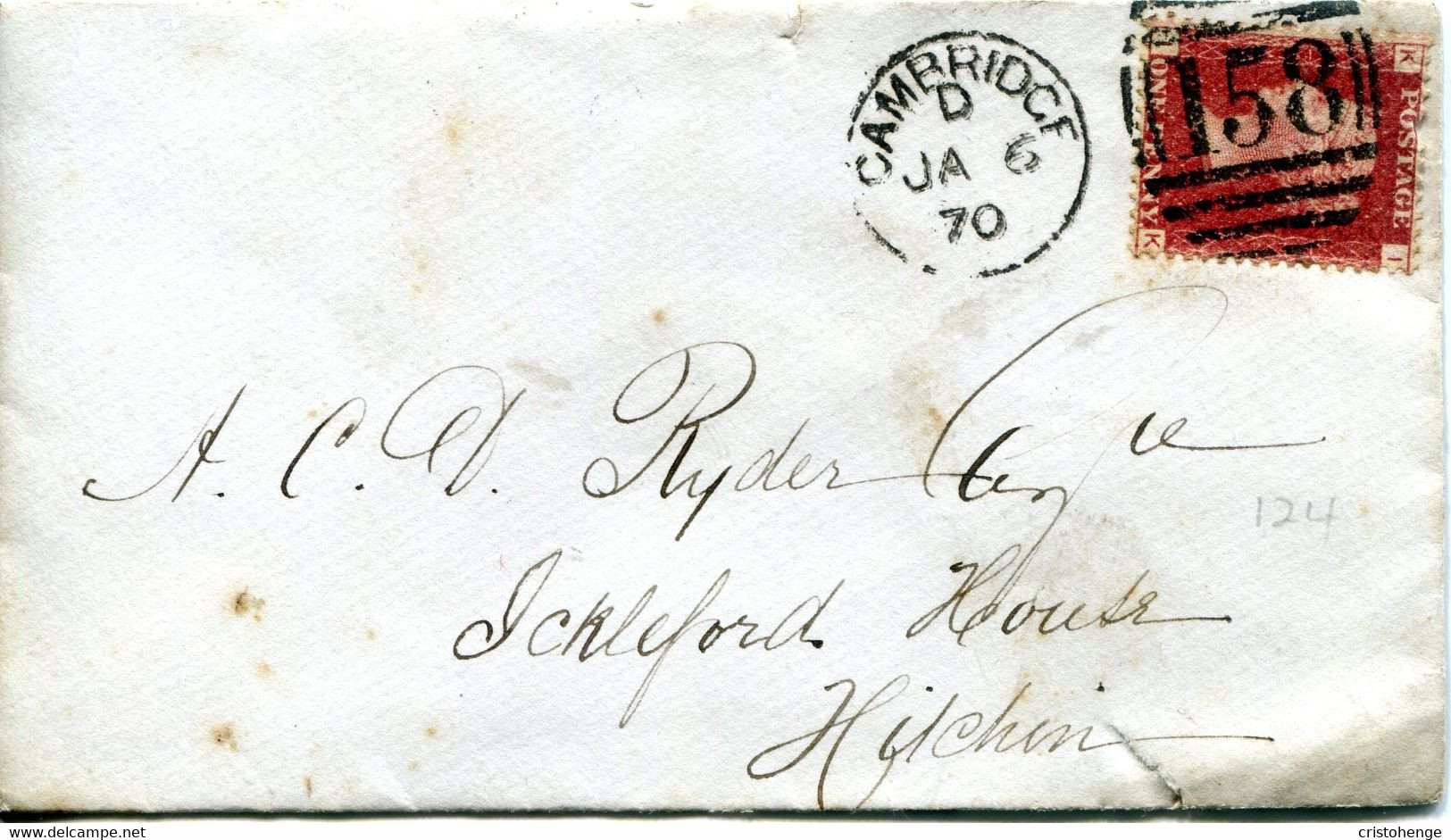 Great Britain - England 1869 Cover Cambridge To Hitchin - 1d Red - Plate 124 - Brieven En Documenten