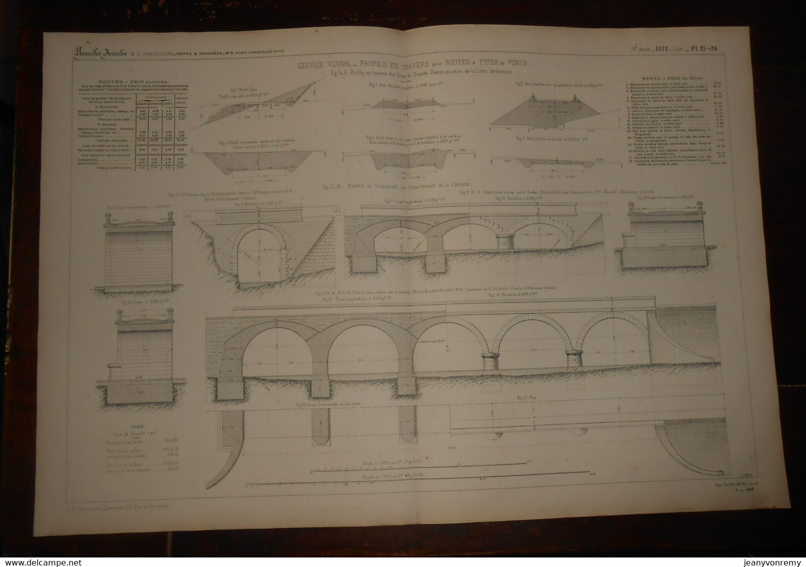Plan. Service Vicinal. Profils En Travers Pour Routes Et Types De Ponts. 1872. - Travaux Publics