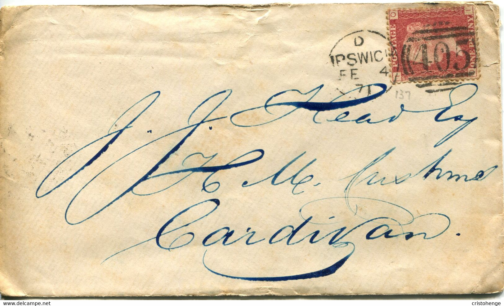 Great Britain - England 1871 Cover Ipswich To Cardigan - 1d Red - Plate 187 - Cartas & Documentos