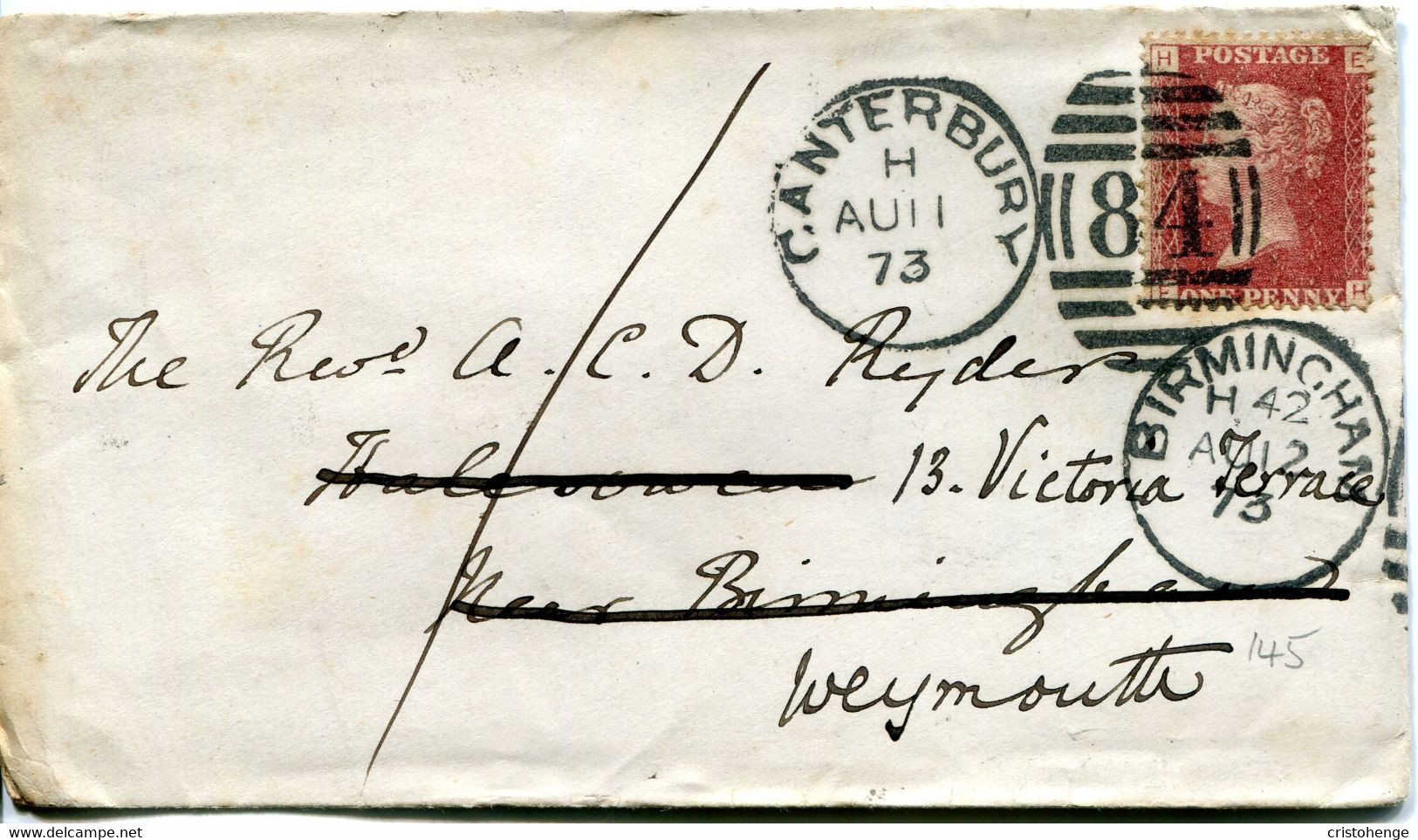 Great Britain - Scotland 1873 Cover Canterbury To Birmingham To Weymouth - 1d Red - Plate 145 - Storia Postale