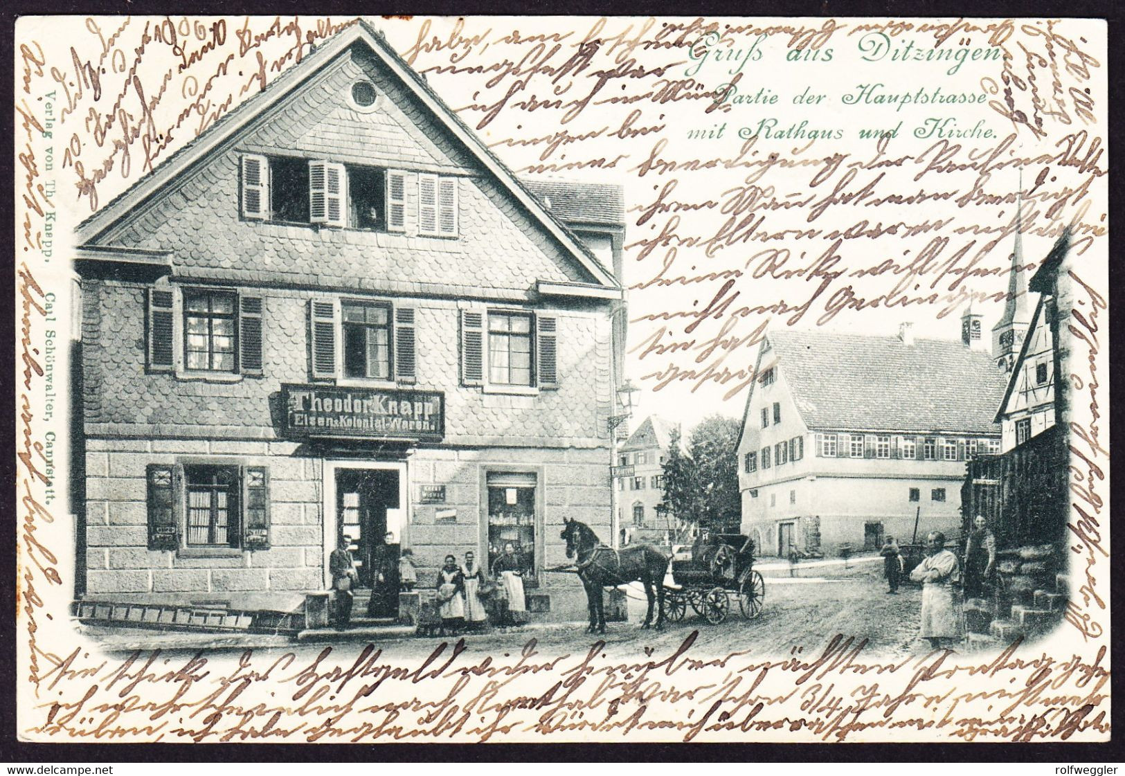 1906 Gelaufene AK T. Knapp Eisen- Und Kolonialgeschäft. Gruss Aus Ditzingen (diagonaler Leichter Bug) Mit Schweizer - Ditzingen