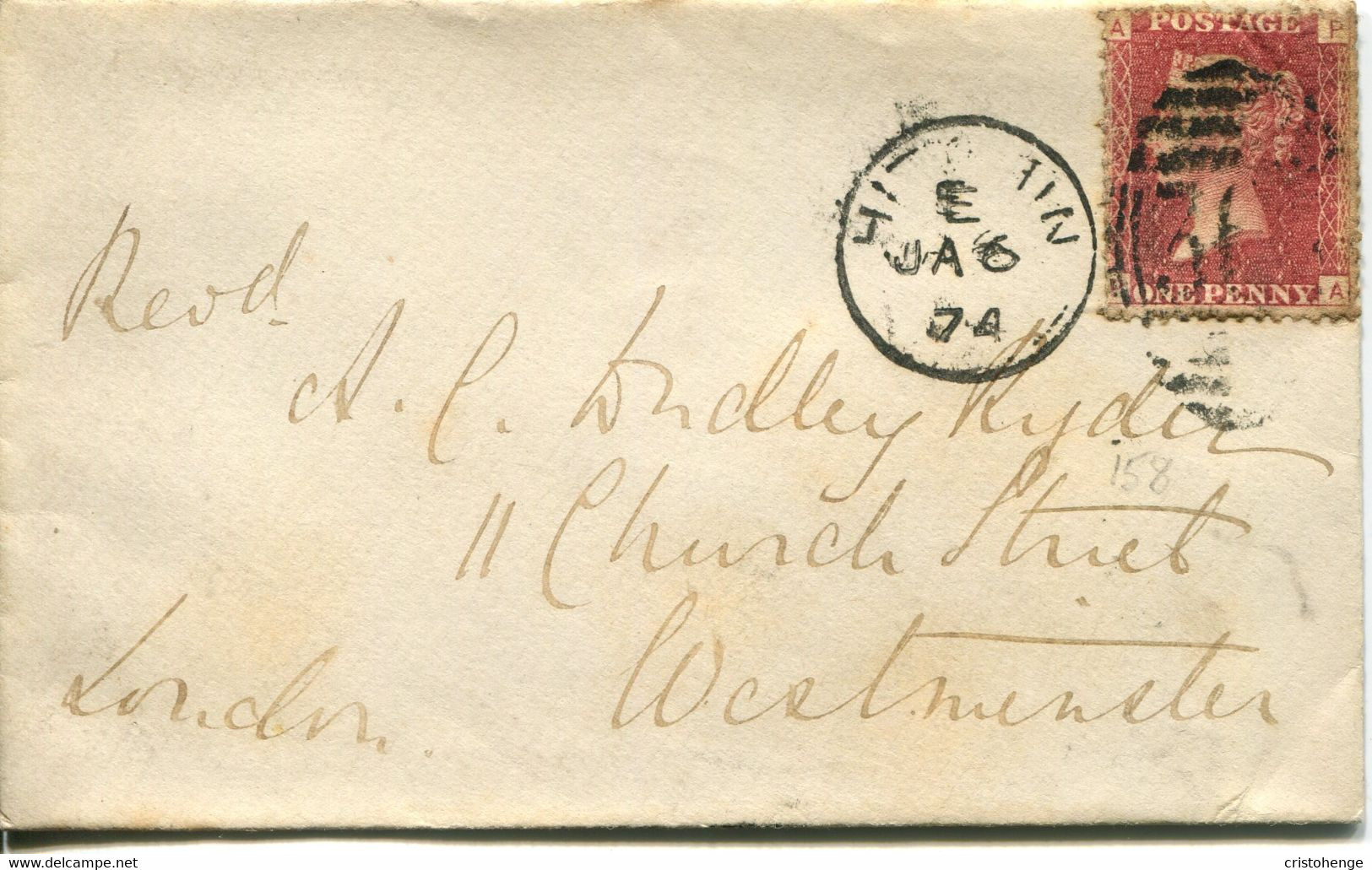 Great Britain - England 1874 Cover Hitchin To London - 1d Red - Plate 158 - Lettres & Documents