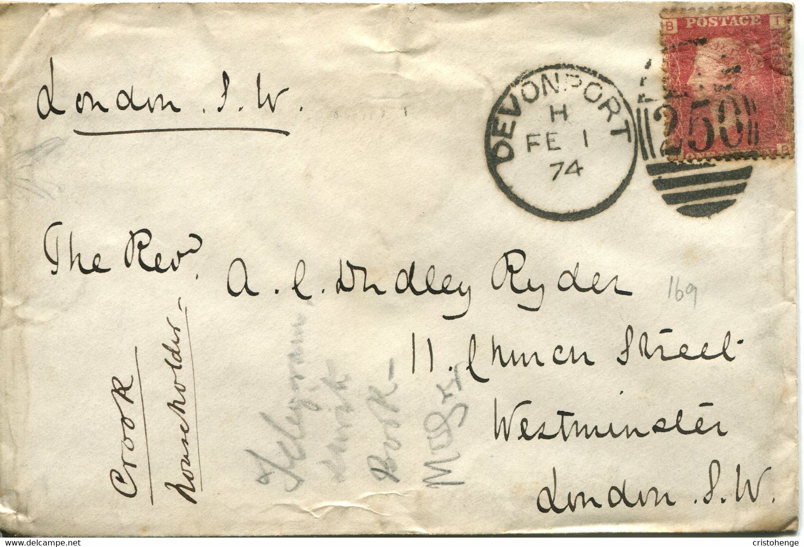Great Britain - England 1874 Cover Devonport To London - 1d Red - Plate 169 - Covers & Documents