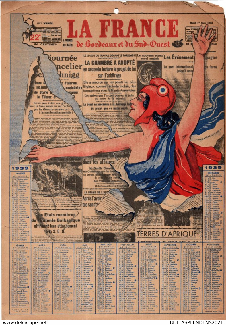 Calendrier Publicitaire 1939  Du Journal  LA FRANCE De BORDEAUX Et Du SUD OUEST ( Voir Descriptif Et Scans) - Formato Grande : 1921-40