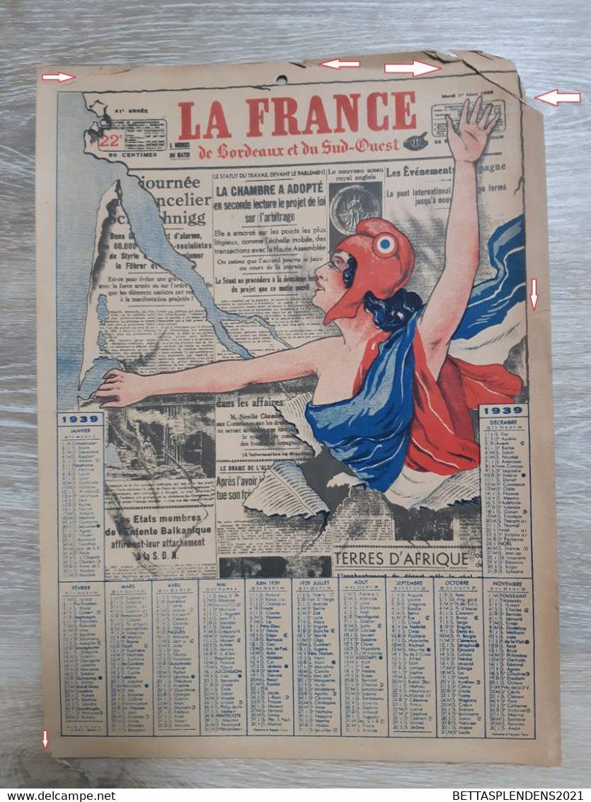 Calendrier Publicitaire 1939  Du Journal  LA FRANCE De BORDEAUX Et Du SUD OUEST ( Voir Descriptif Et Scans) - Formato Grande : 1921-40
