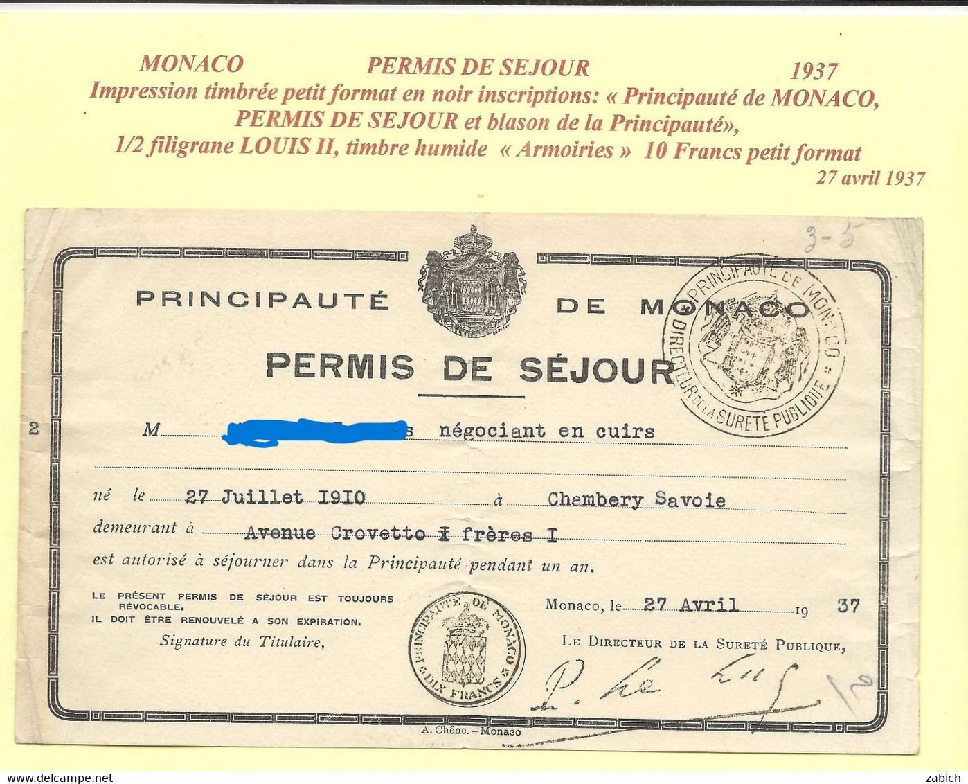 FISCAUX  MONACO TRES RARE PERMIS DE SEJOUR DE 1937  Petit TIMBRE à 10 Francs "blason" 1/2 Filigrane LOUIS II - Revenue